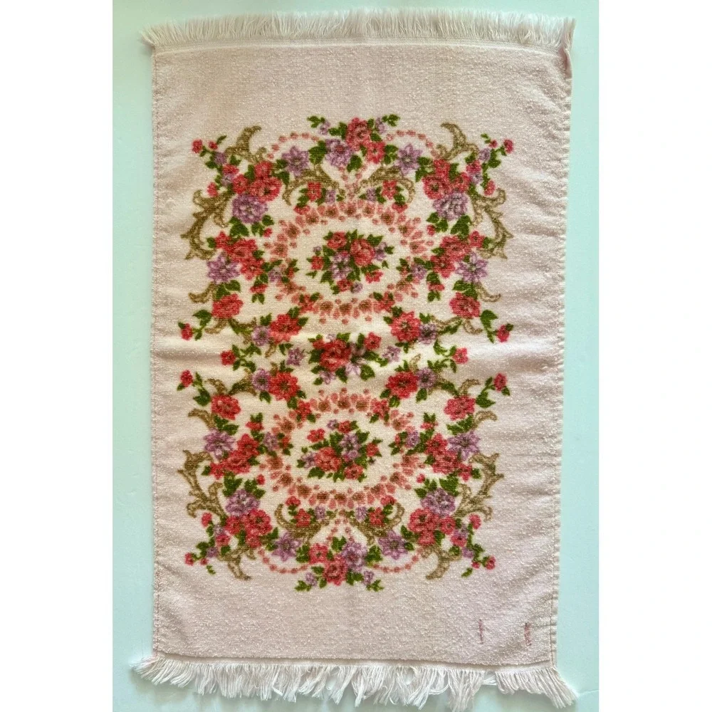 Vintage TASTEMAKER Floral Hand Towels Pink Roses Purple Green Fringe Set of 4